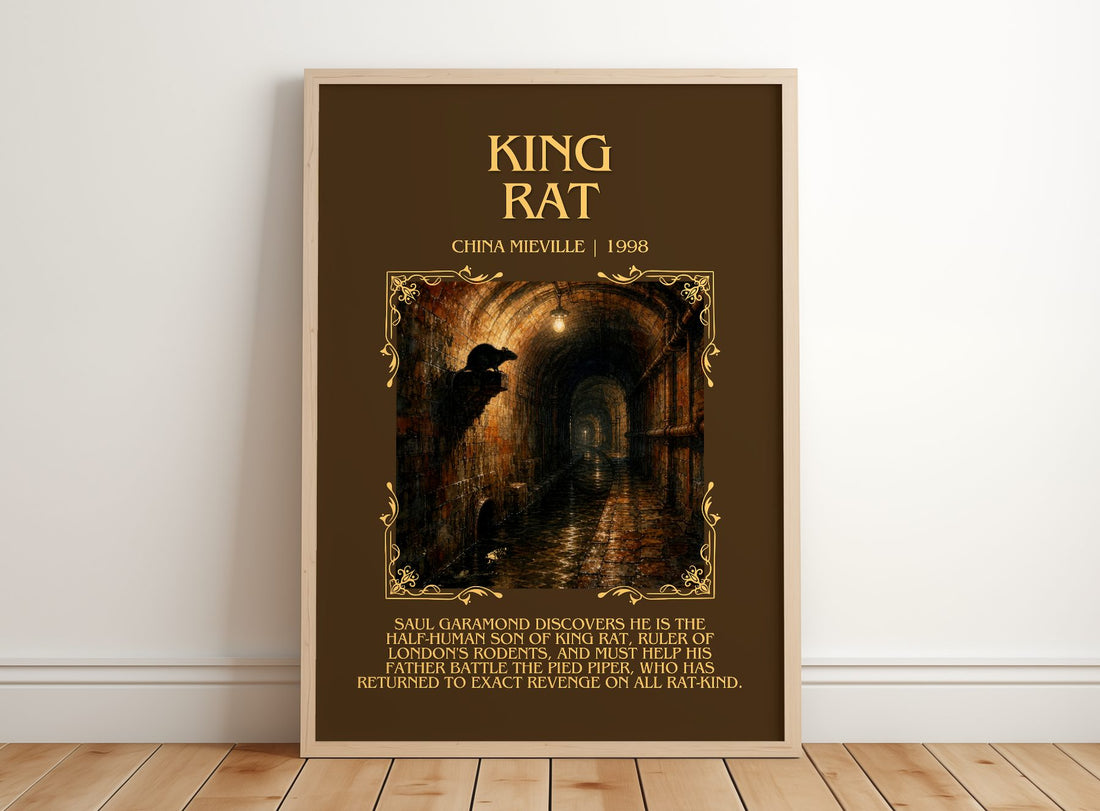 King Rat Minimalist Book Poster by China Miéville – framed print leaning on a wooden floor