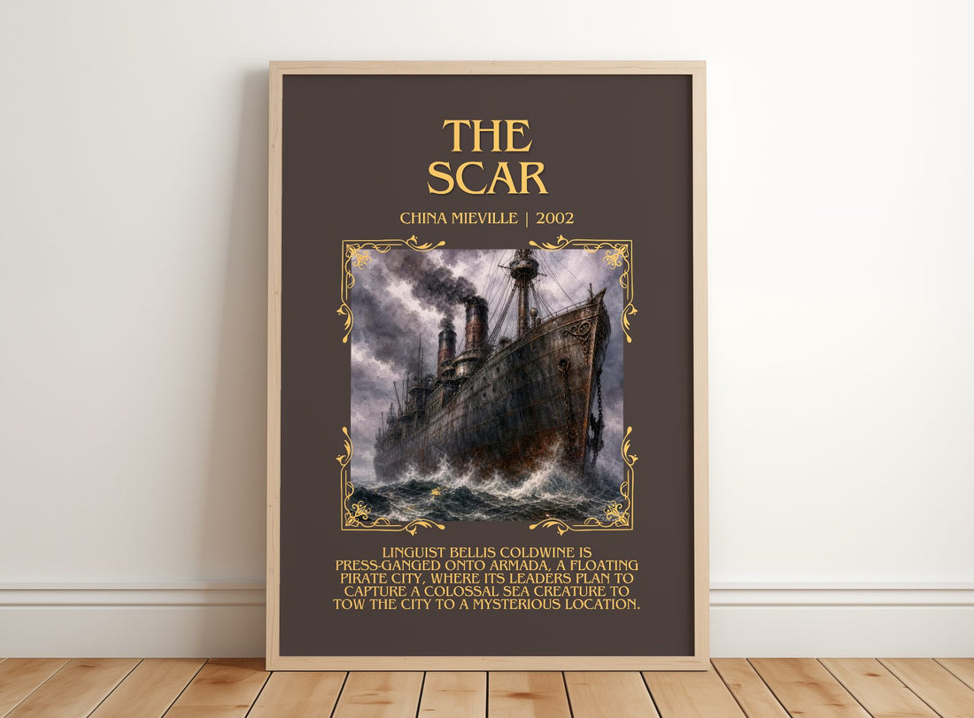 The Scar Minimalist Book Poster by China Miéville – framed print leaning on a wooden floor