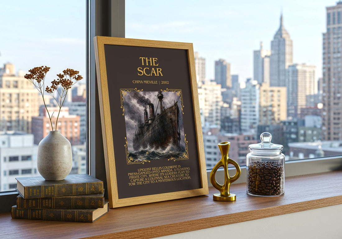 The Scar Minimalist Book Poster by China Miéville – framed print on a city-view windowsill