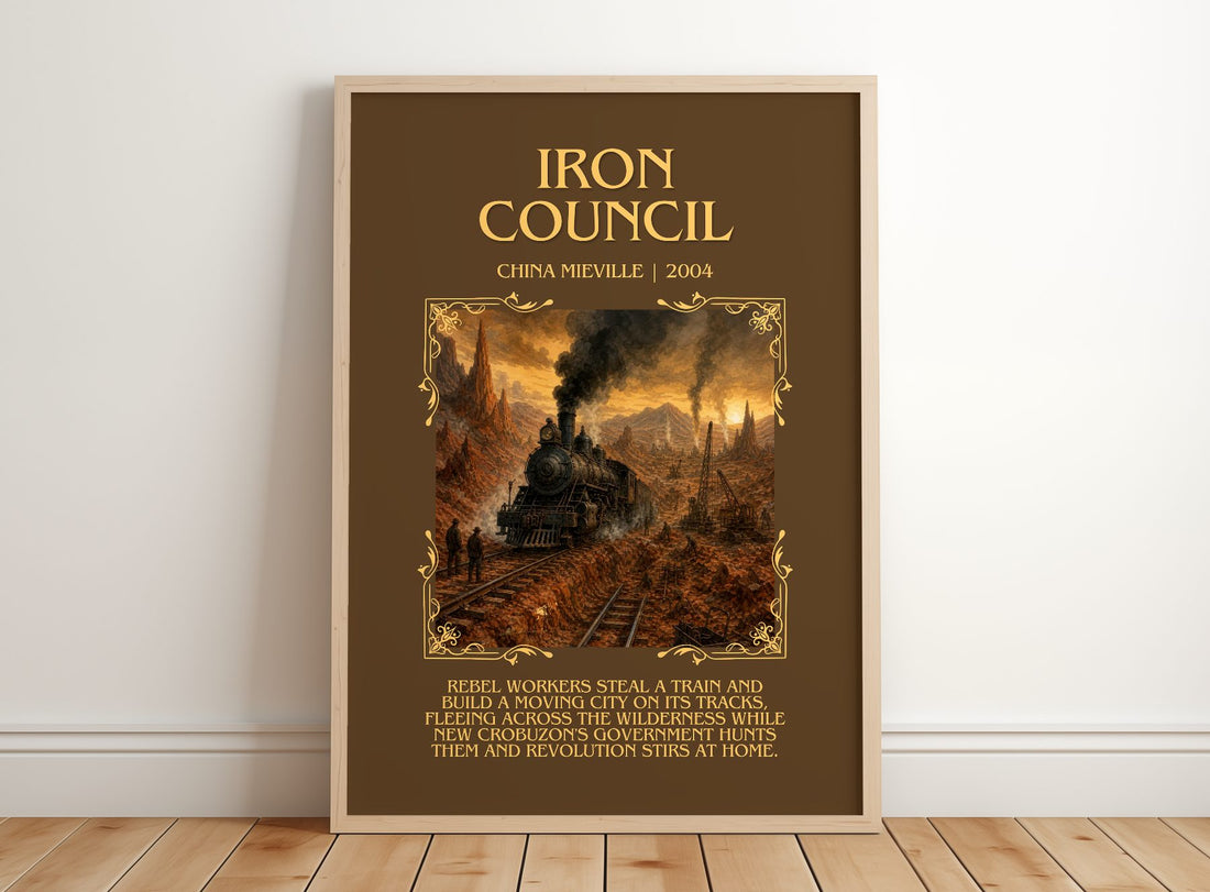 Iron Council Minimalist Book Poster by China Miéville – framed print leaning on a wooden floor