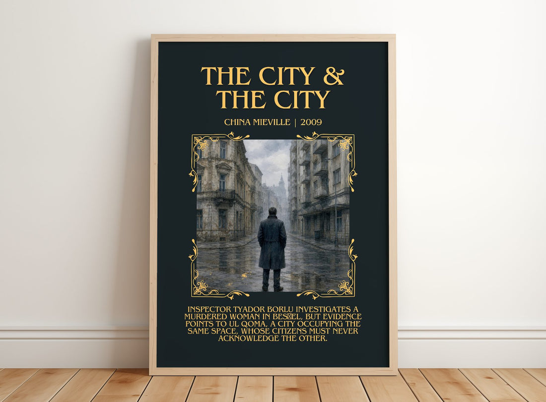 The City & the City Minimalist Book Poster by China Miéville – framed print leaning on a wooden floor