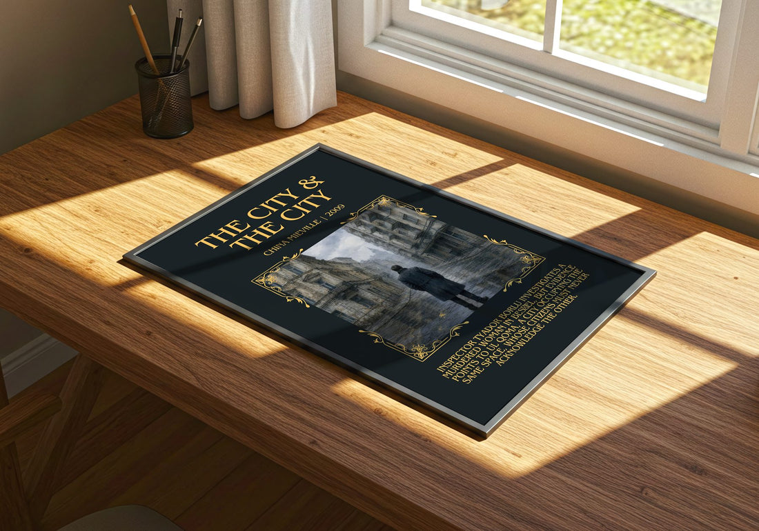 The City & the City Minimalist Book Poster by China Miéville – print on a sunlit desk
