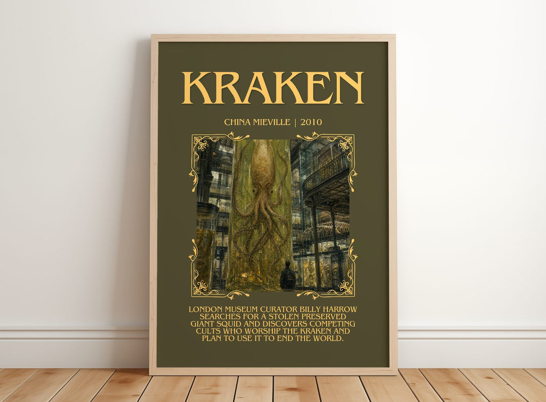 Kraken Minimalist Book Poster by China Miéville – framed print leaning on a wooden floor