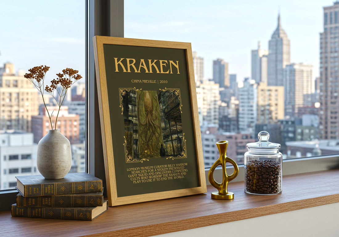 Kraken Minimalist Book Poster by China Miéville – framed print on a city-view windowsill