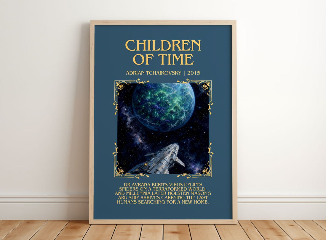 Children of Time Minimalist Book Poster by Adrian Tchaikovsky – framed print leaning on a wooden floor