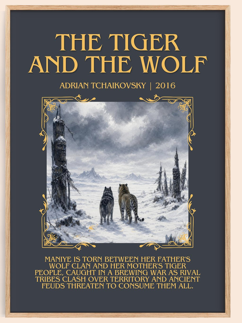 The Tiger and the Wolf Minimalist Book Poster by Adrian Tchaikovsky – book poster