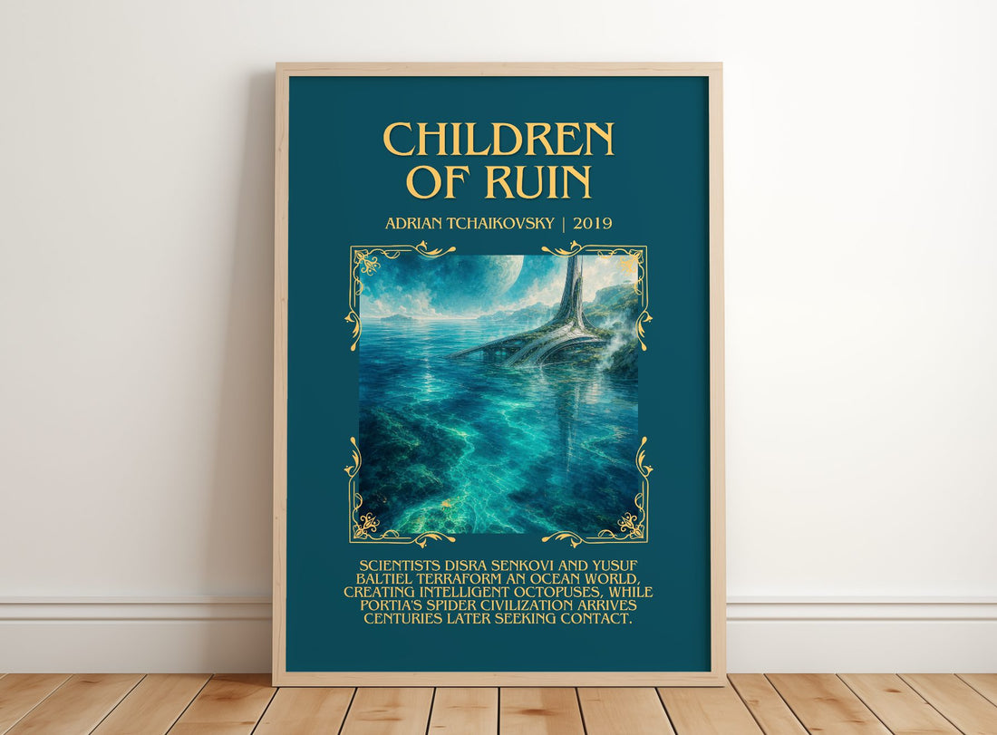 Children of Ruin Minimalist Book Poster by Adrian Tchaikovsky – framed print leaning on a wooden floor