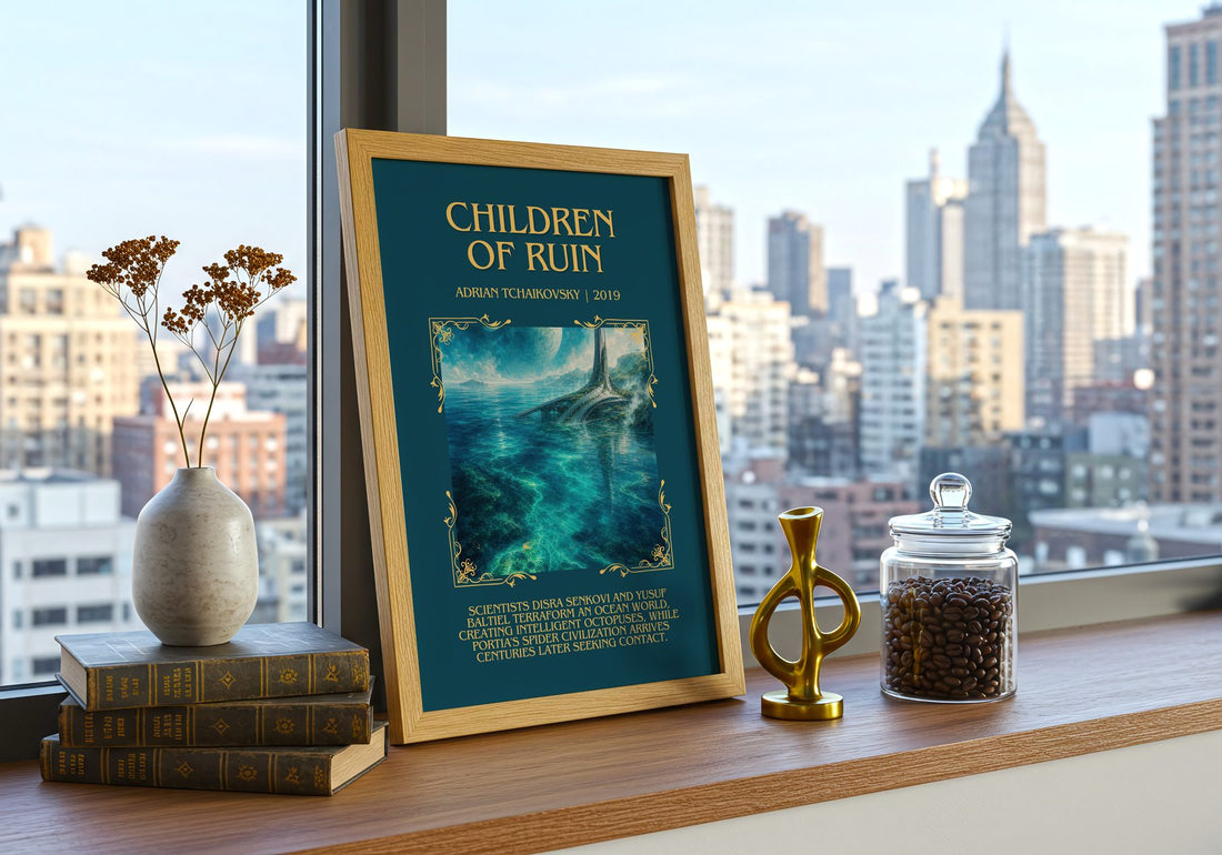 Children of Ruin Minimalist Book Poster by Adrian Tchaikovsky – framed print on a city-view windowsill