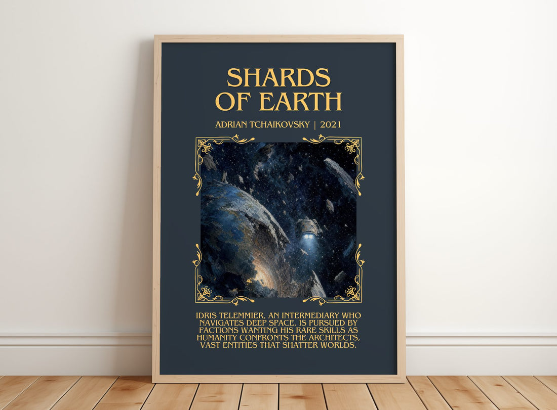 Shards of Earth Minimalist Book Poster by Adrian Tchaikovsky – framed print leaning on a wooden floor