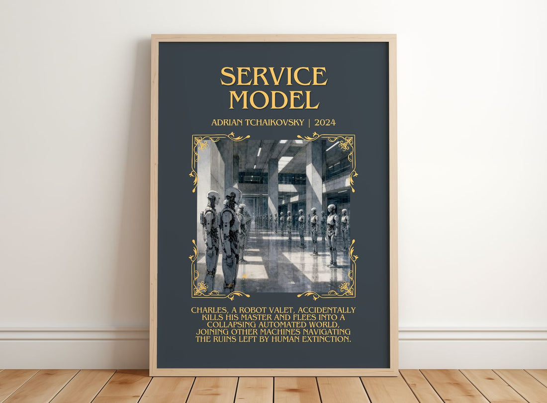 Service Model Minimalist Book Poster by Adrian Tchaikovsky – framed print leaning on a wooden floor