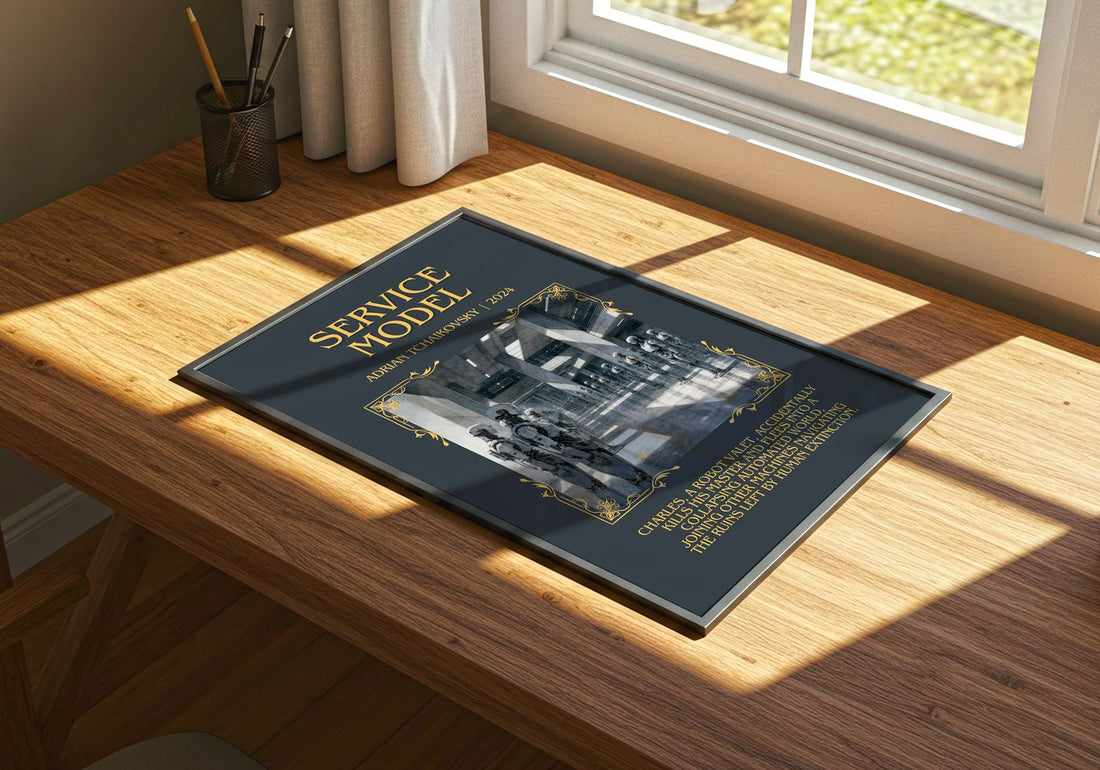 Service Model Minimalist Book Poster by Adrian Tchaikovsky – print on a sunlit desk