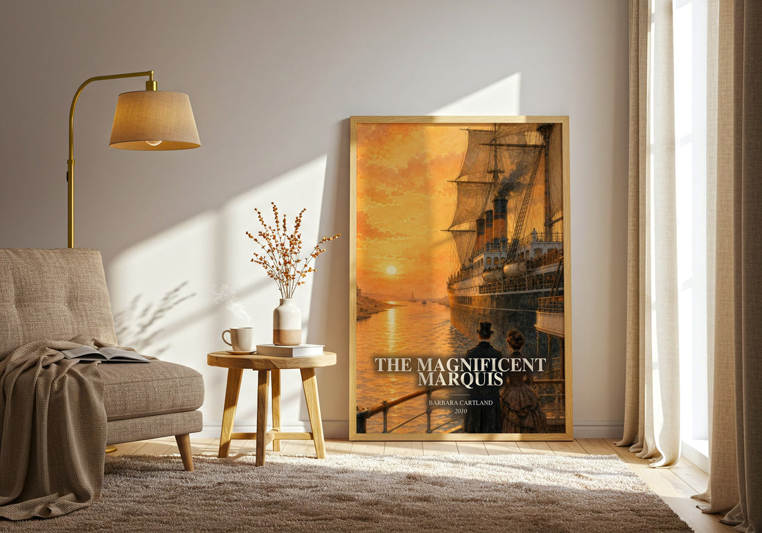 The Magnificent Marquis watercolour print in frame leaning in hallway – romance wall art (mockup)
