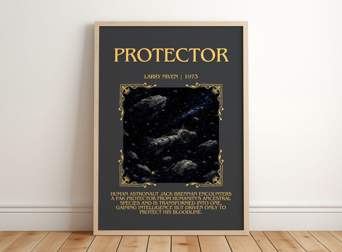 Protector Minimalist Book Poster by Larry Niven – framed print leaning on a wooden floor