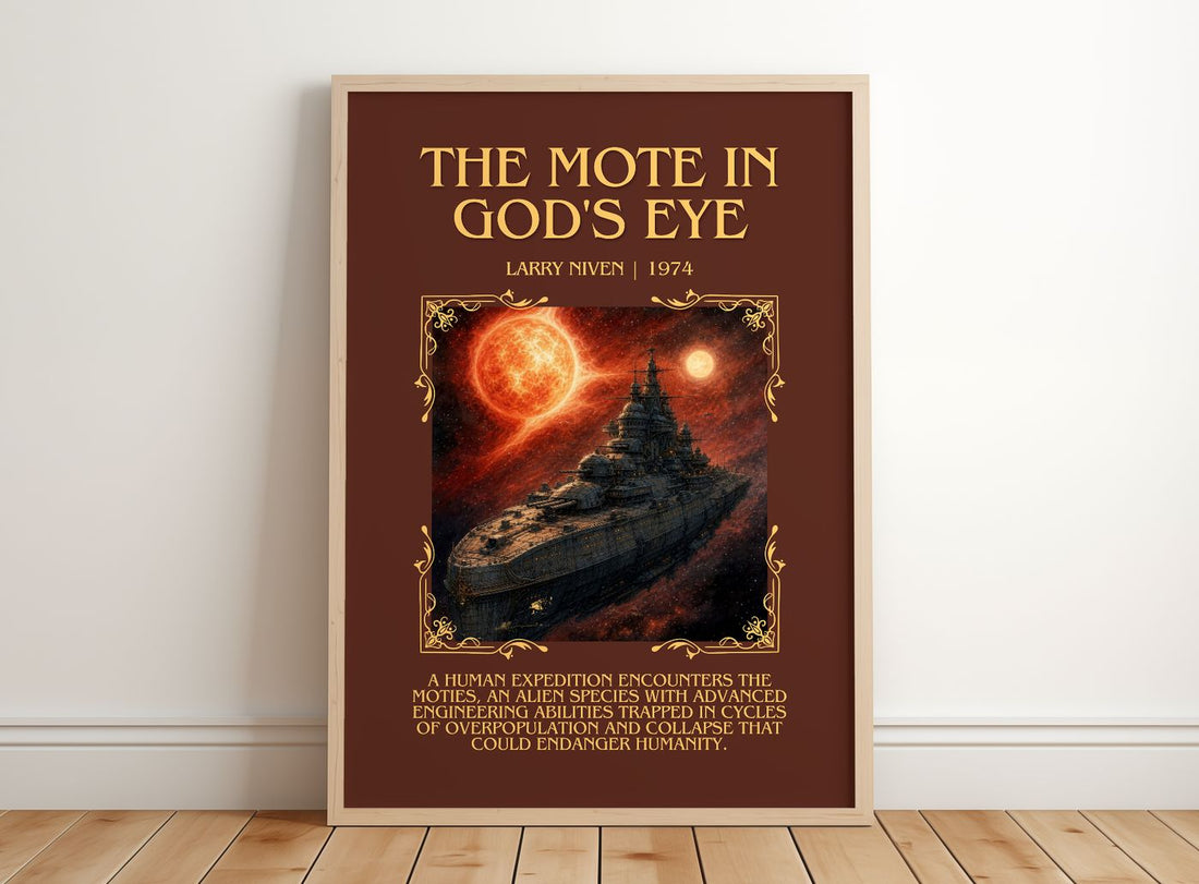 The Mote in God's Eye Minimalist Book Poster by Larry Niven – framed print leaning on a wooden floor