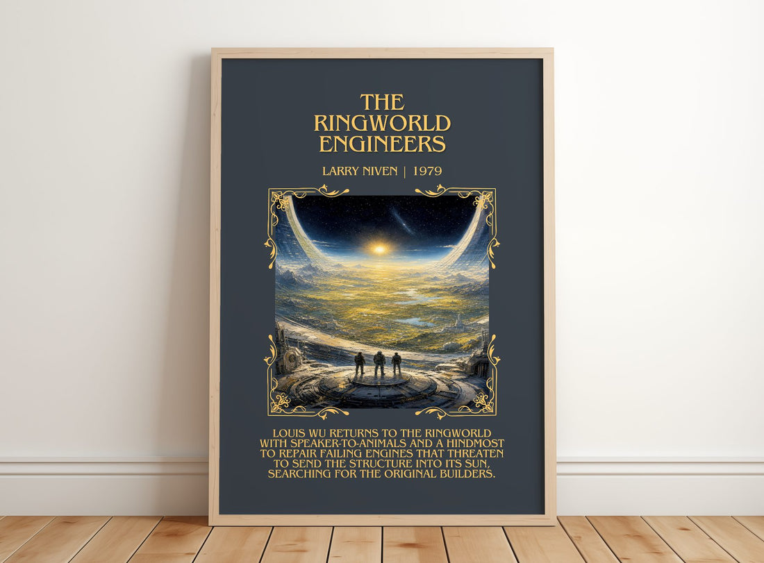 The Ringworld Engineers Minimalist Book Poster by Larry Niven – framed print leaning on a wooden floor