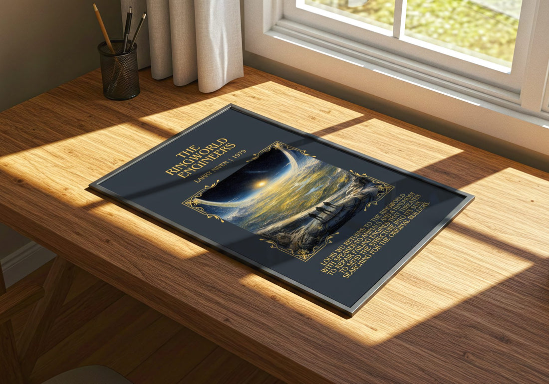 The Ringworld Engineers Minimalist Book Poster by Larry Niven – print on a sunlit desk