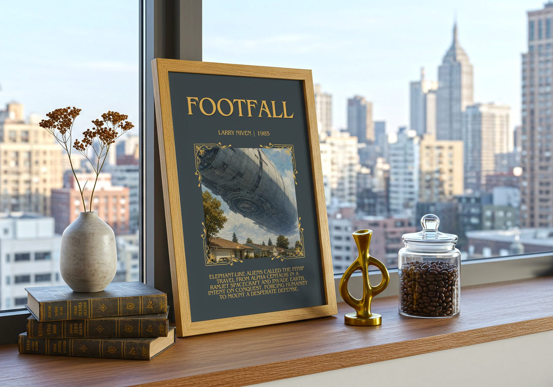Footfall Minimalist Book Poster by Larry Niven – framed print on a city-view windowsill