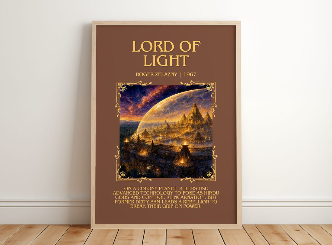 Lord of Light Minimalist Book Poster by Roger Zelazny – framed print leaning on a wooden floor