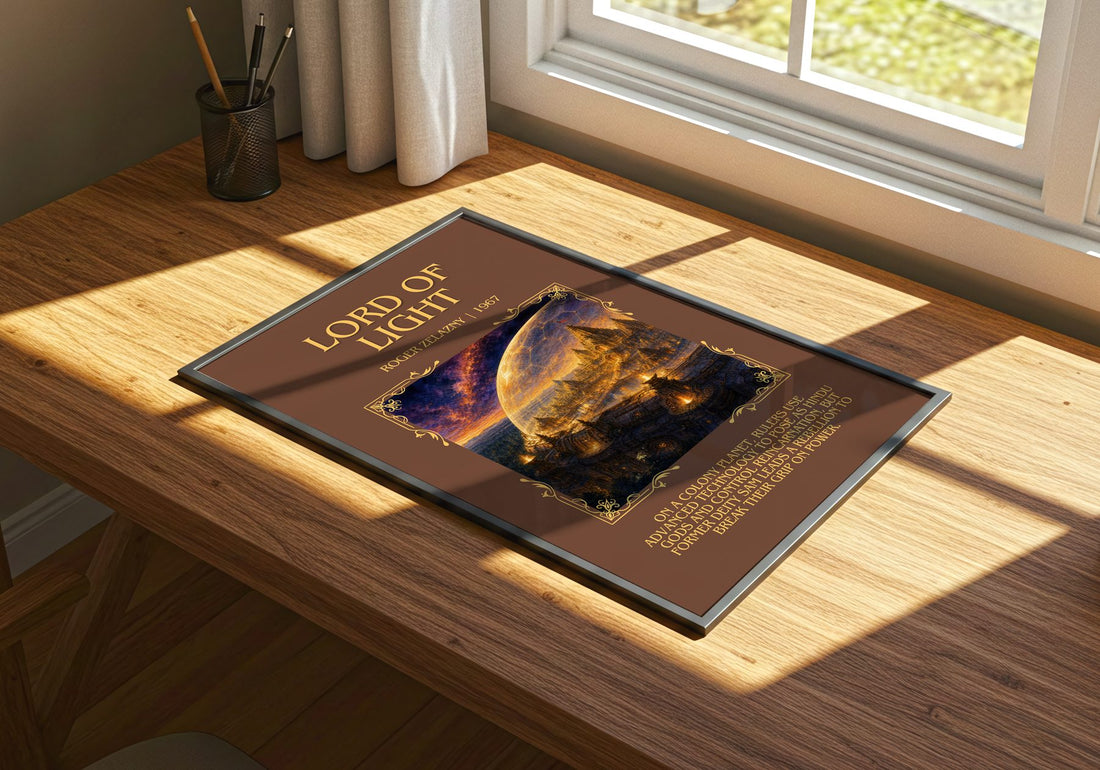 Lord of Light Minimalist Book Poster by Roger Zelazny – print on a sunlit desk