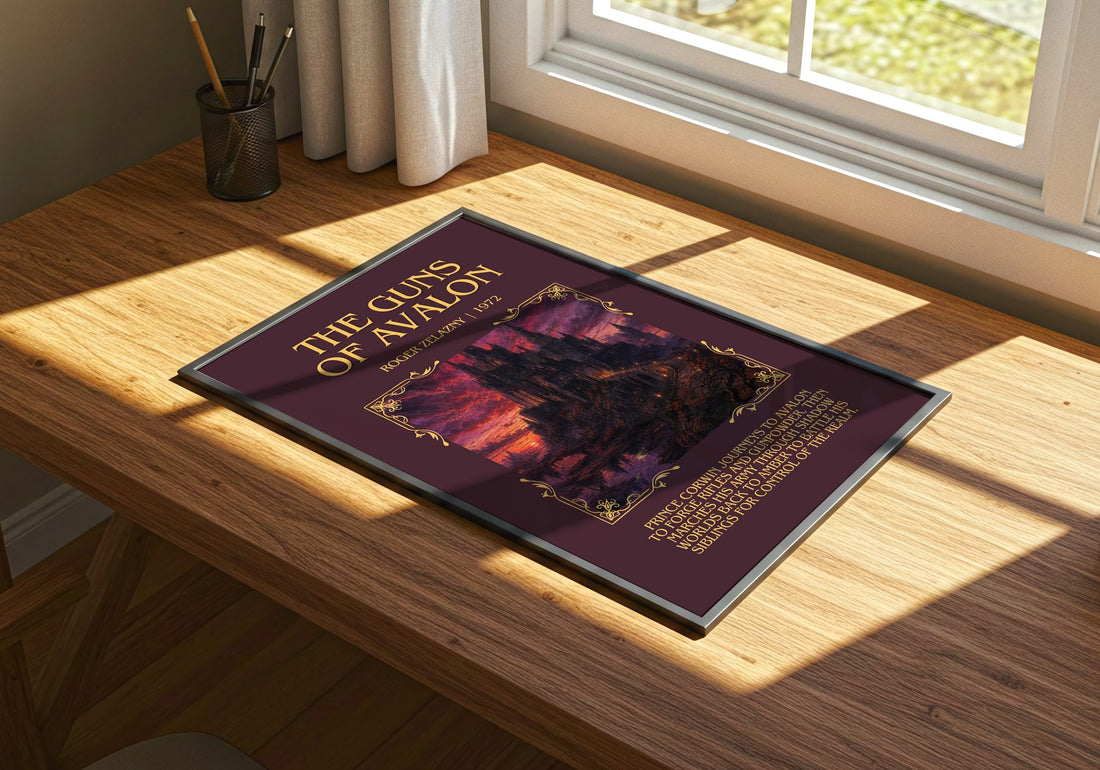 The Guns of Avalon Minimalist Book Poster by Roger Zelazny – print on a sunlit desk