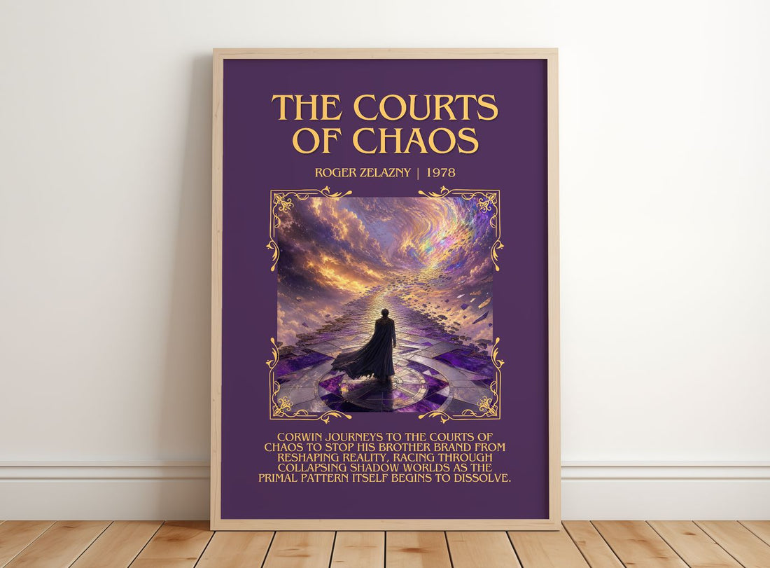The Courts of Chaos Minimalist Book Poster by Roger Zelazny – framed print leaning on a wooden floor