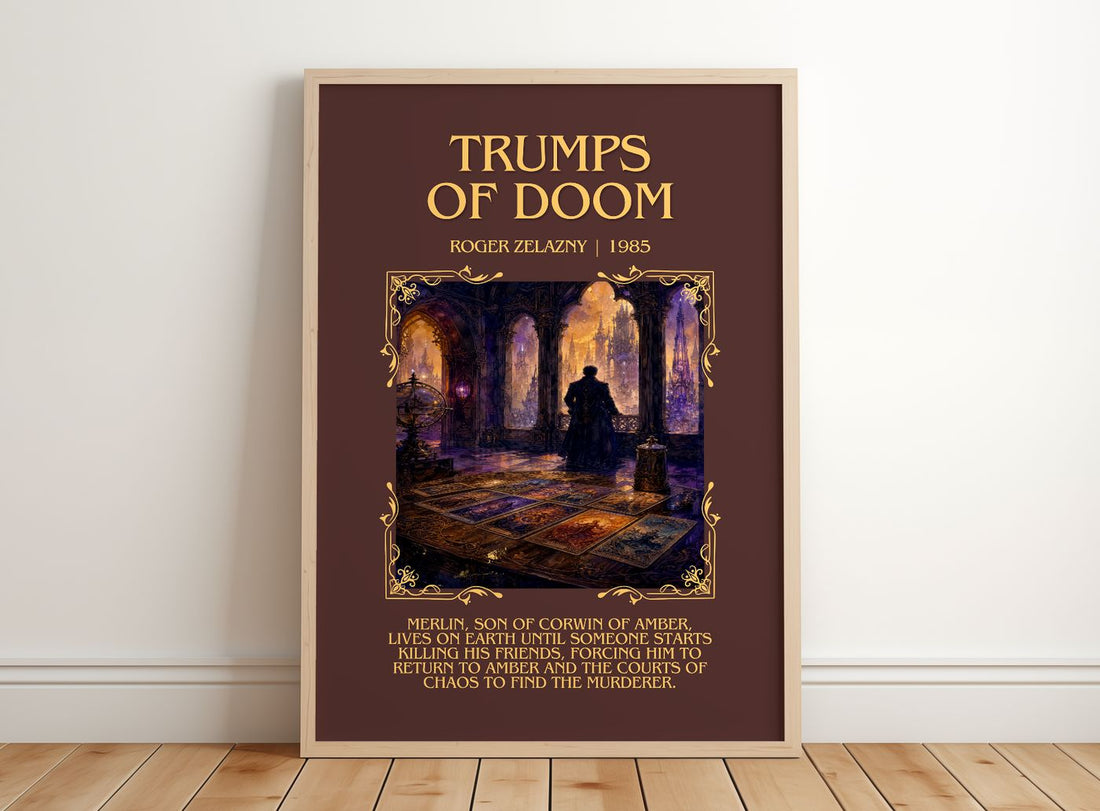Trumps of Doom Minimalist Book Poster by Roger Zelazny – framed print leaning on a wooden floor