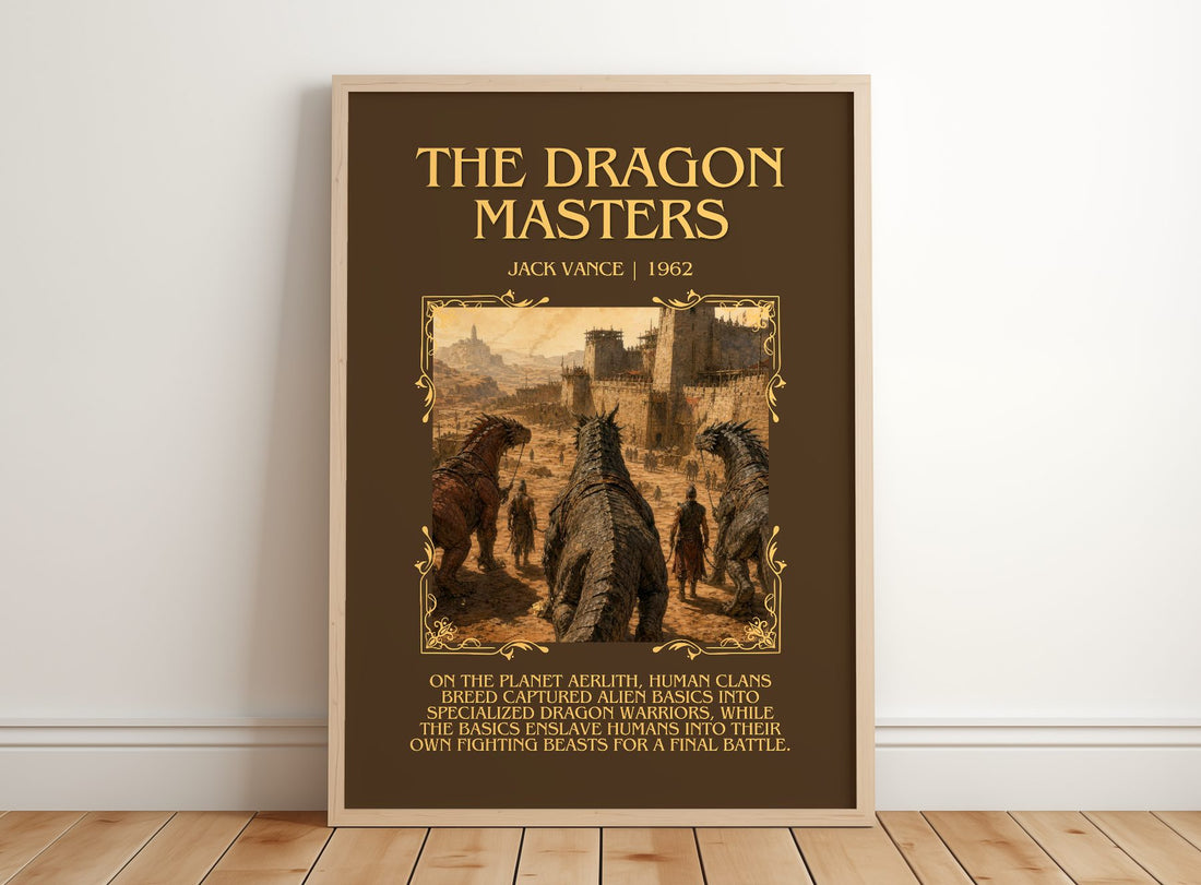 The Dragon Masters Minimalist Book Poster by Jack Vance – framed print leaning on a wooden floor