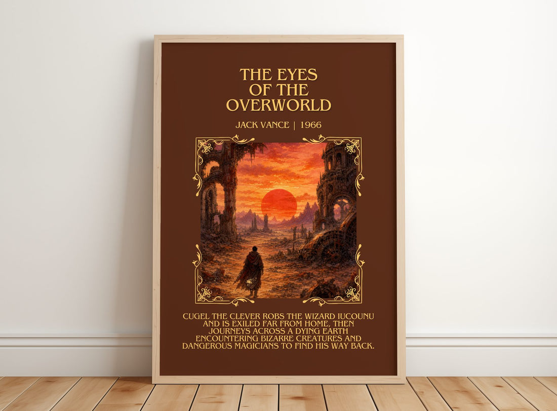 The Eyes of the Overworld Minimalist Book Poster by Jack Vance – framed print leaning on a wooden floor
