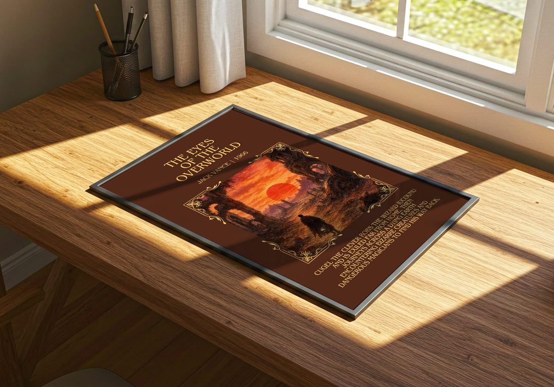 The Eyes of the Overworld Minimalist Book Poster by Jack Vance – print on a sunlit desk