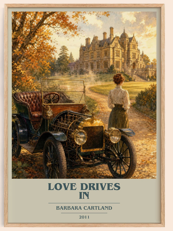 Love Drives In book cover book poster by Barbara Cartland – framed literary art print