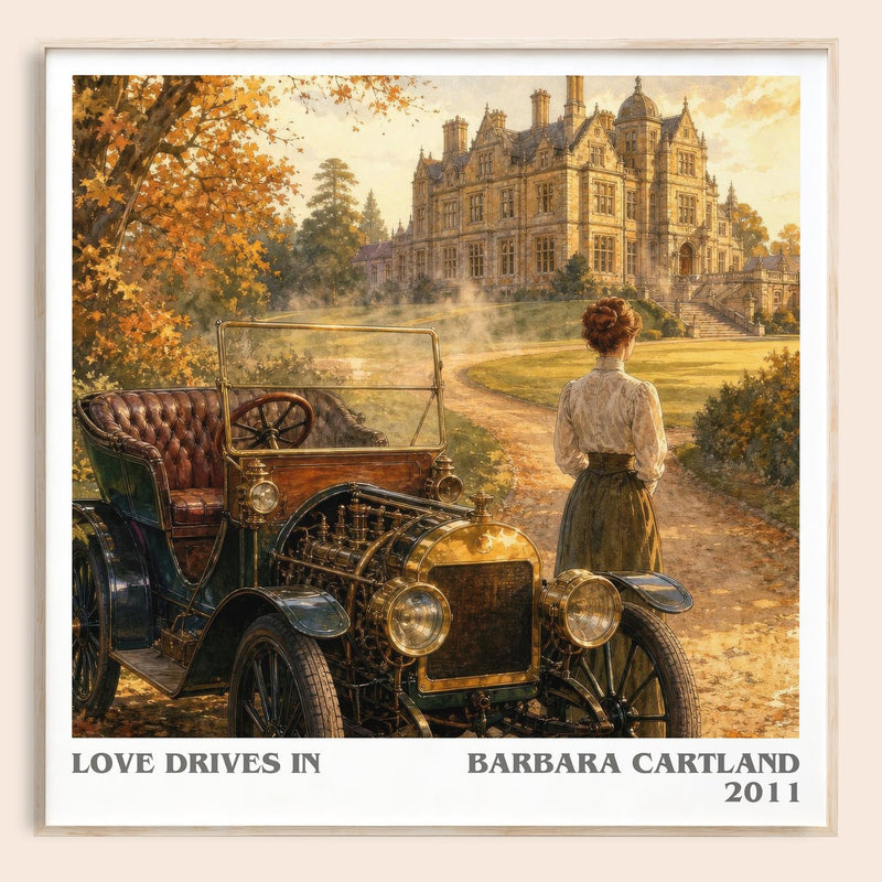 Love Drives In literary book poster by Barbara Cartland – framed literary art print