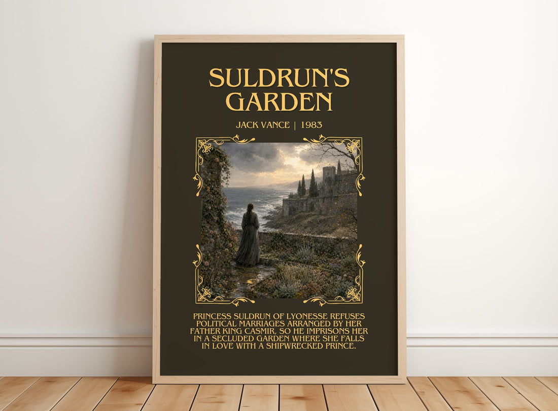 Suldrun's Garden Minimalist Book Poster by Jack Vance – framed print leaning on a wooden floor