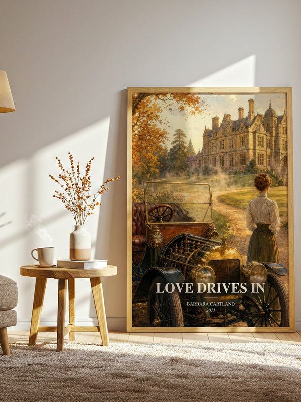 Love Drives In watercolour print in frame leaning in hallway – romance wall art