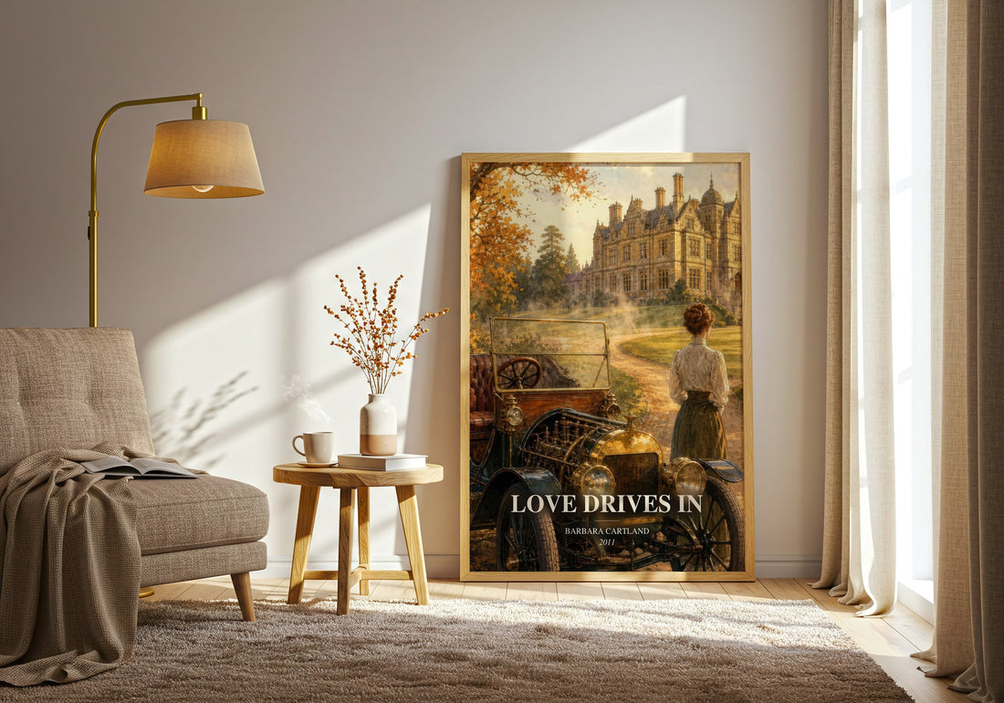 Love Drives In watercolour print in frame leaning in hallway – romance wall art (mockup)