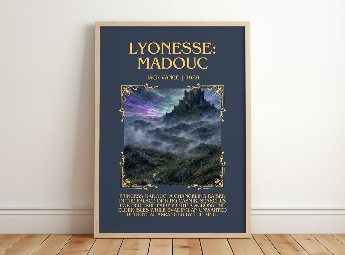 Lyonesse: Madouc Minimalist Book Poster by Jack Vance – framed print leaning on a wooden floor