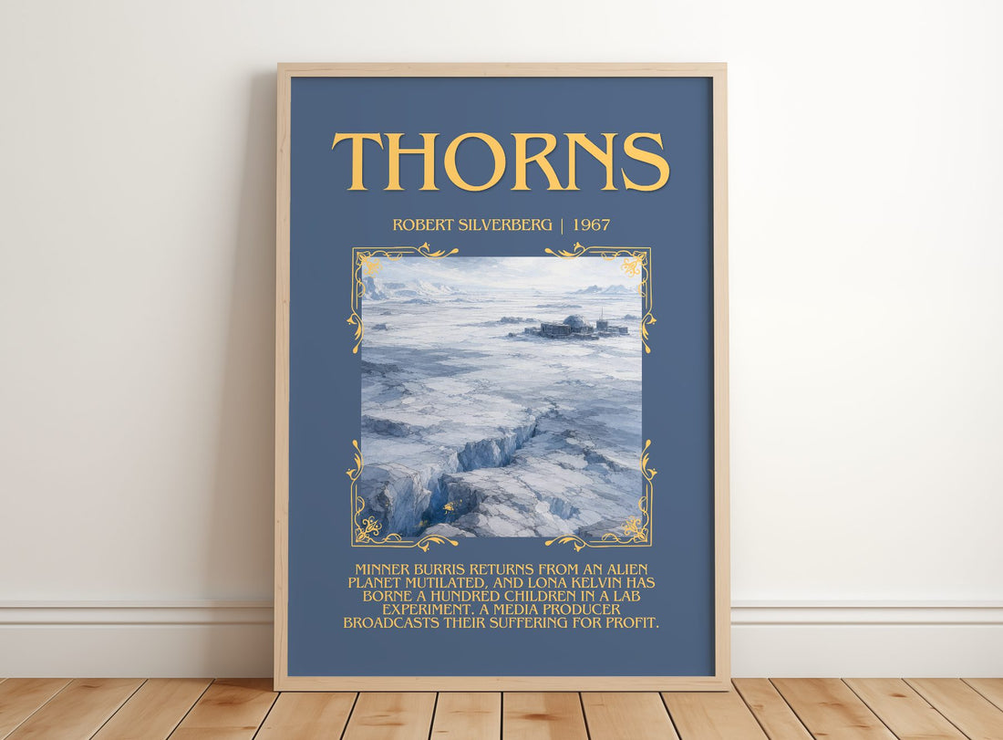 Thorns Minimalist Book Poster by Robert Silverberg – framed print leaning on a wooden floor