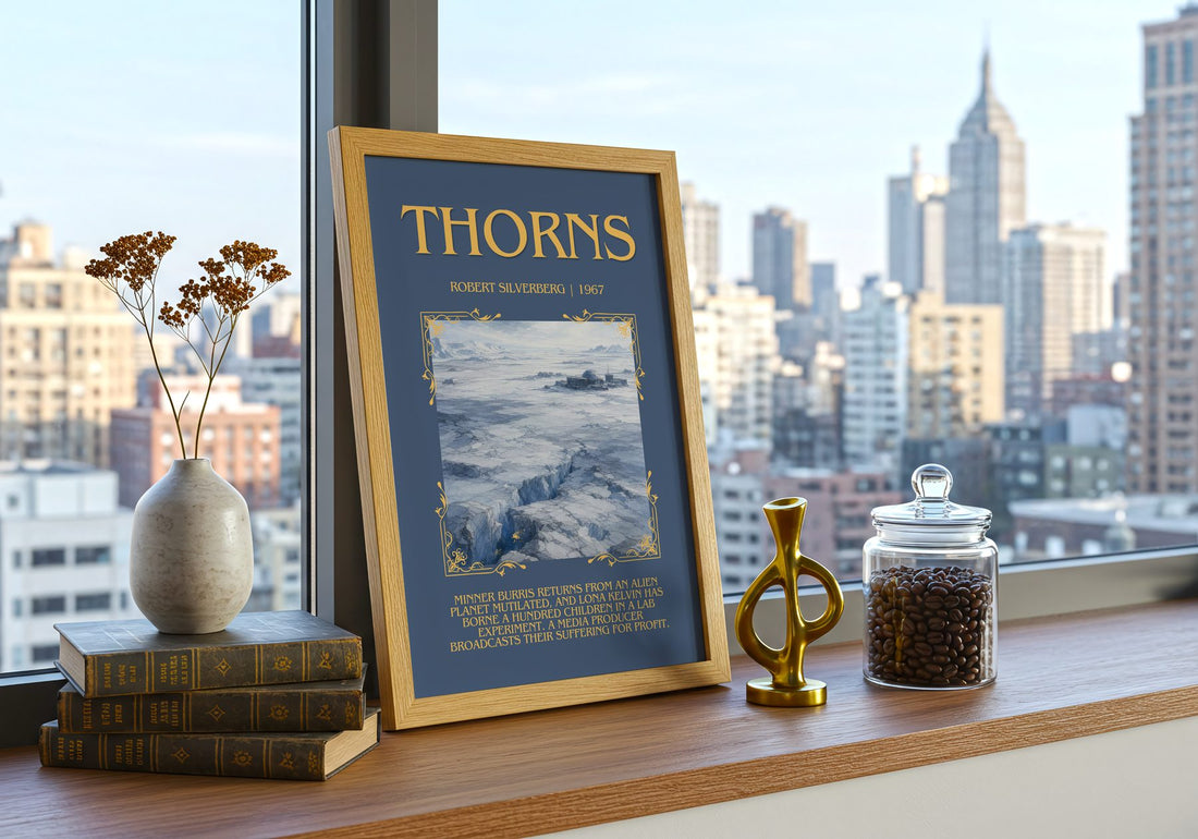 Thorns Minimalist Book Poster by Robert Silverberg – framed print on a city-view windowsill