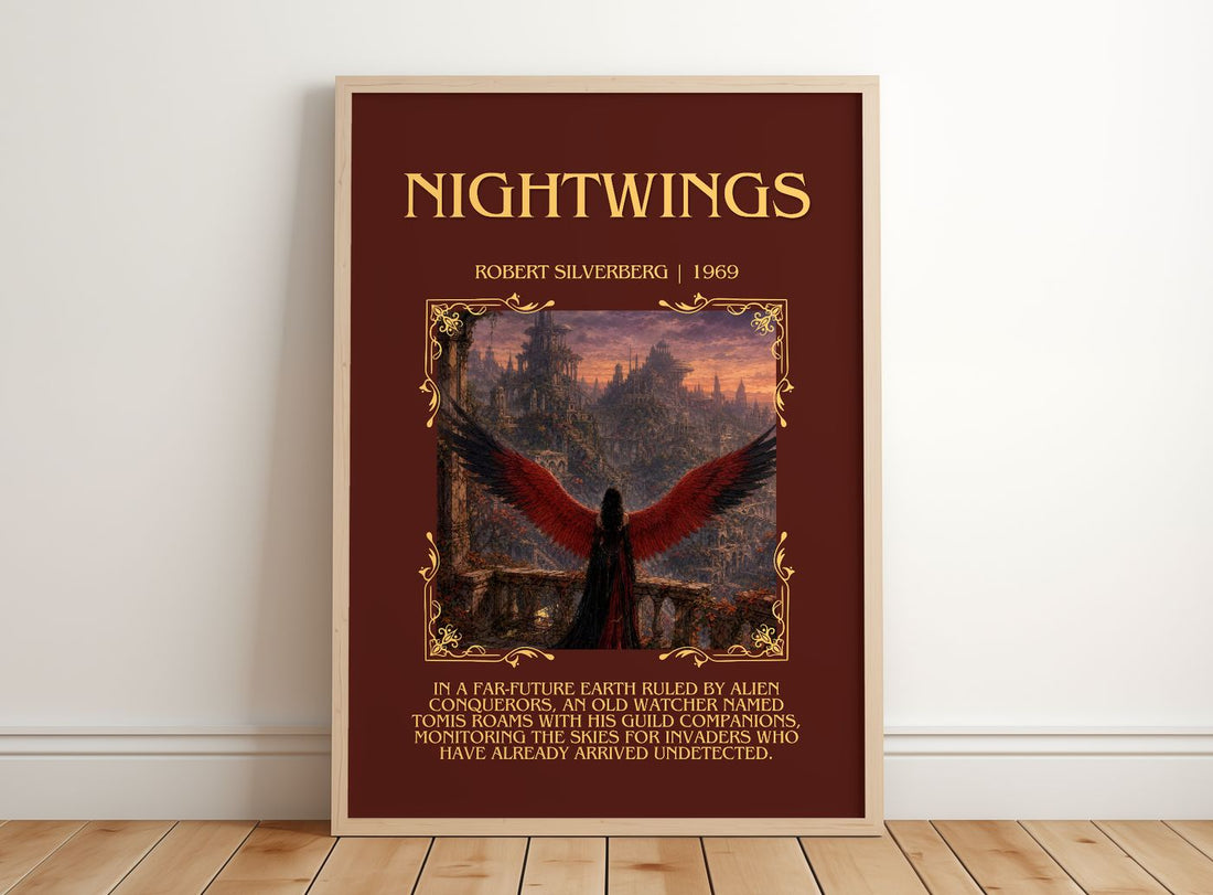 Nightwings Minimalist Book Poster by Robert Silverberg – framed print leaning on a wooden floor