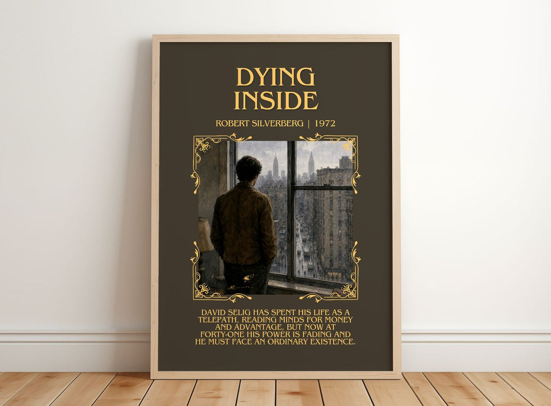 Dying Inside Minimalist Book Poster by Robert Silverberg – framed print leaning on a wooden floor