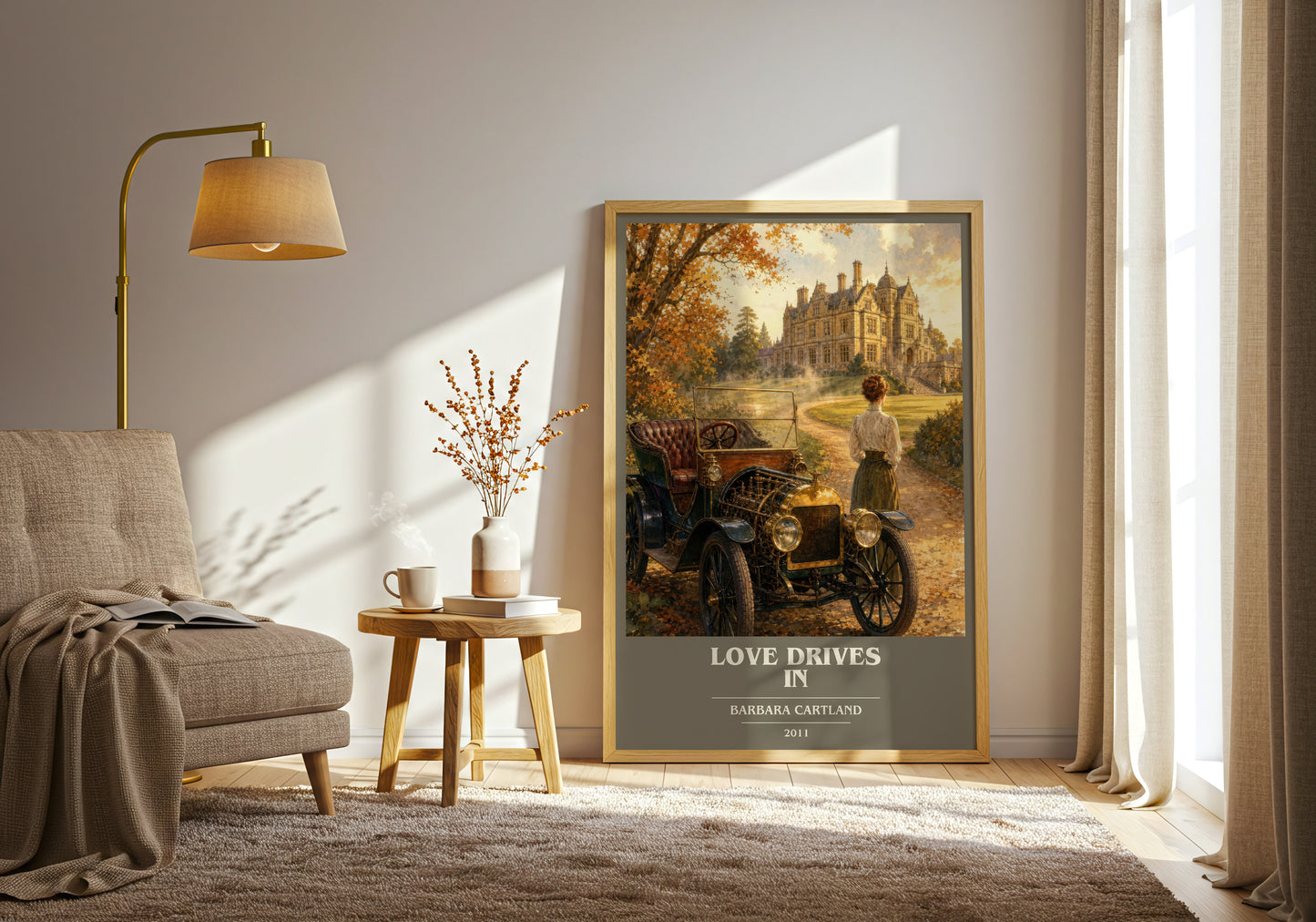 Love Drives In book cover print on bookshelf – Barbara Cartland fan gift