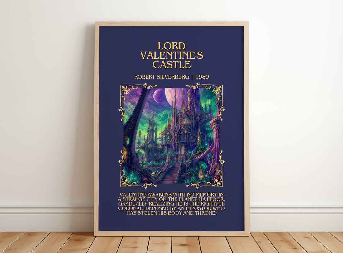 Lord Valentine's Castle Minimalist Book Poster by Robert Silverberg – framed print leaning on a wooden floor