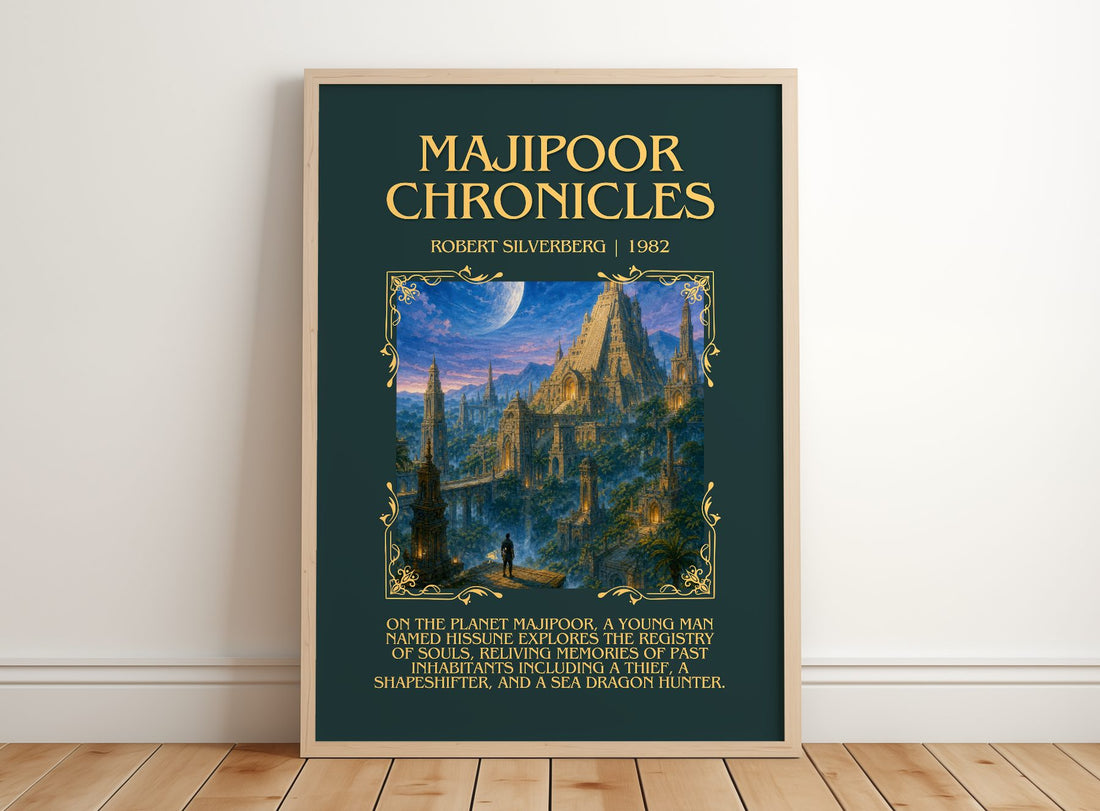 Majipoor Chronicles Minimalist Book Poster by Robert Silverberg – framed print leaning on a wooden floor