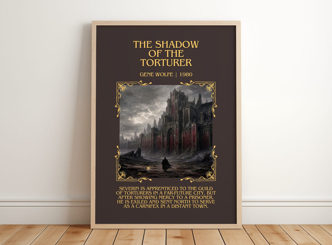 The Shadow of the Torturer Minimalist Book Poster by Gene Wolfe – framed print leaning on a wooden floor