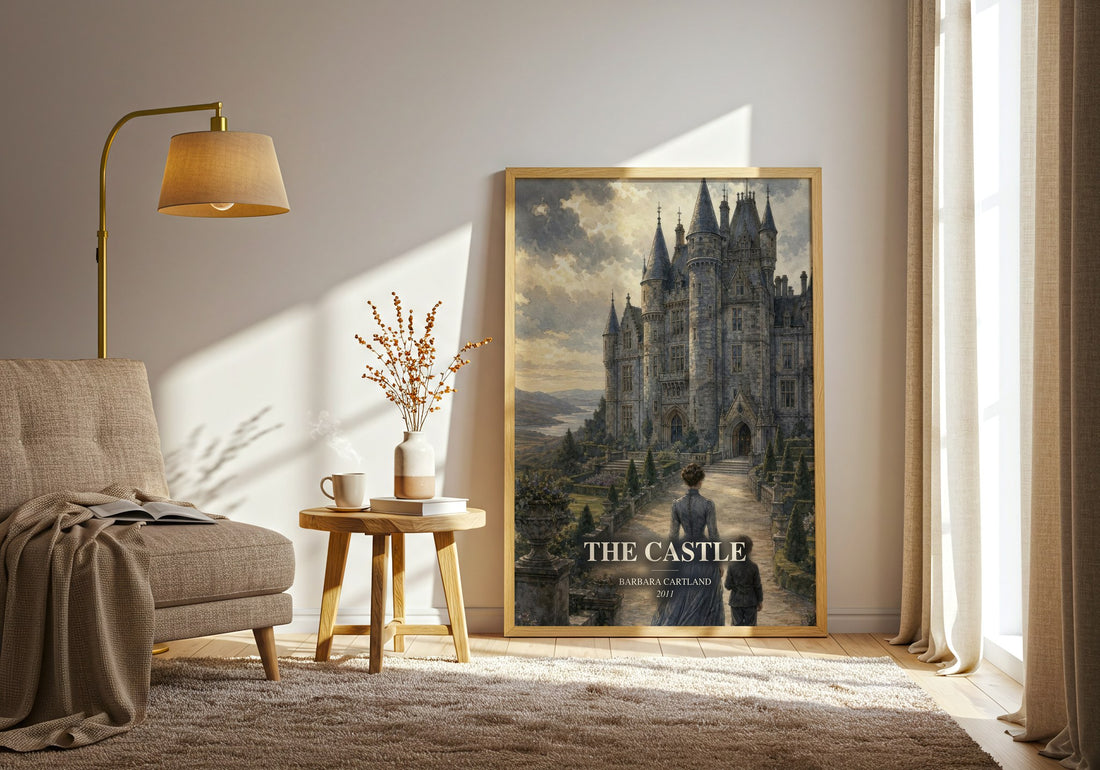 The Castle watercolour print in frame leaning in hallway – romance wall art (mockup)