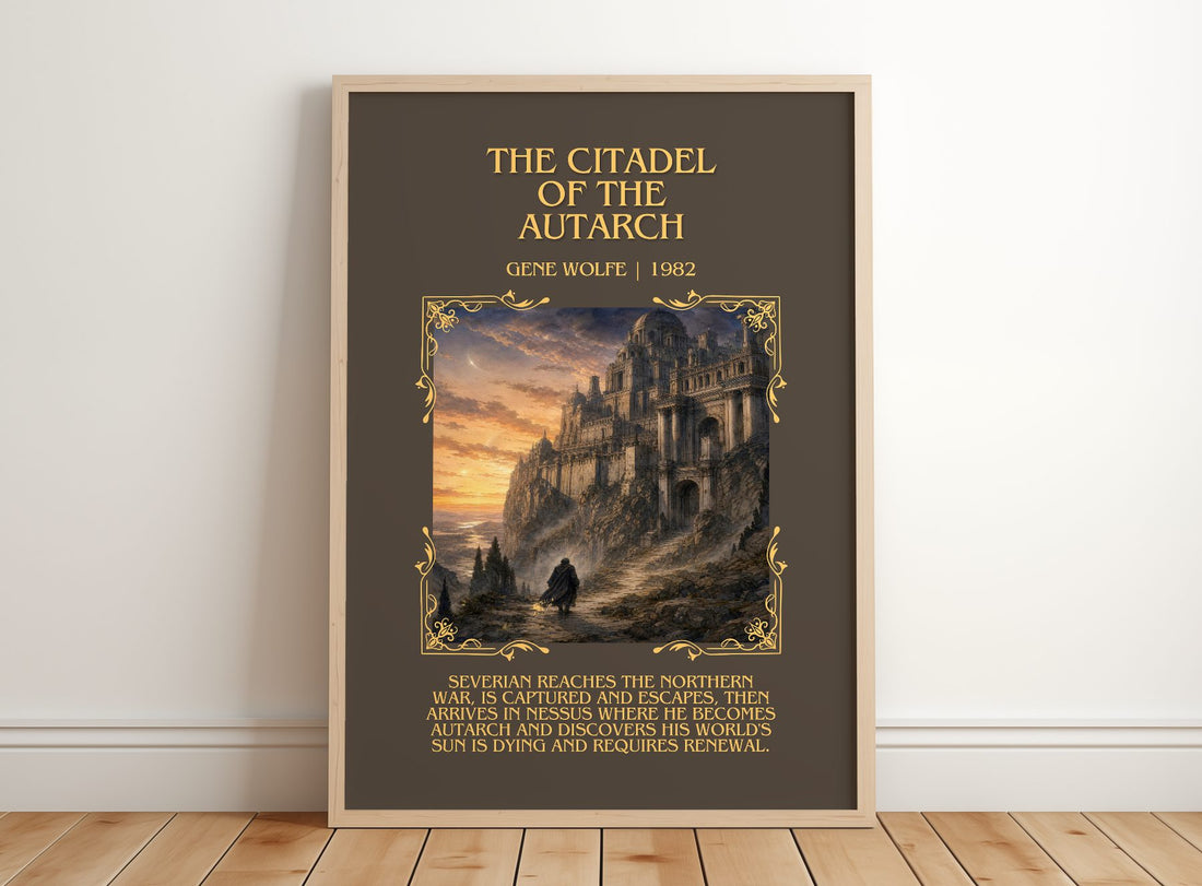 The Citadel of the Autarch Minimalist Book Poster by Gene Wolfe – framed print leaning on a wooden floor