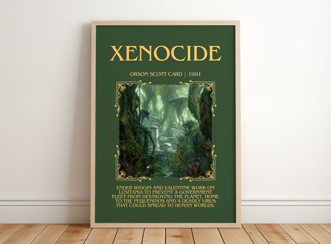 Xenocide Minimalist Book Poster by Orson Scott Card – framed print leaning on a wooden floor