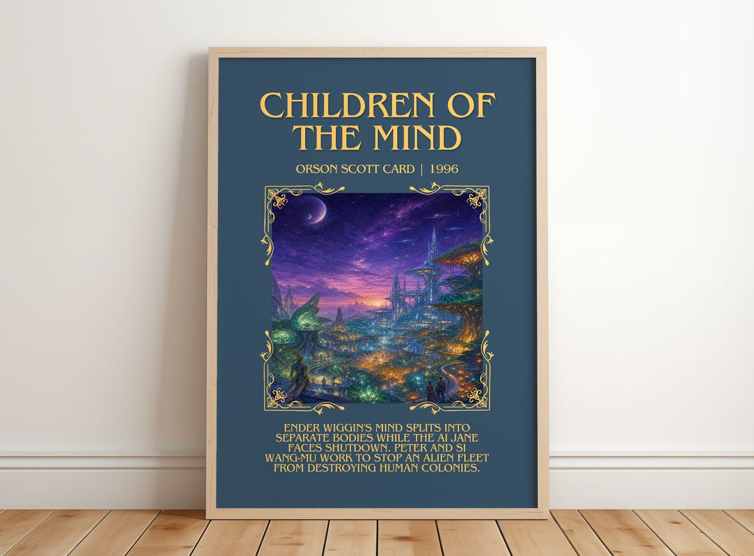Children of the Mind Minimalist Book Poster by Orson Scott Card – framed print leaning on a wooden floor
