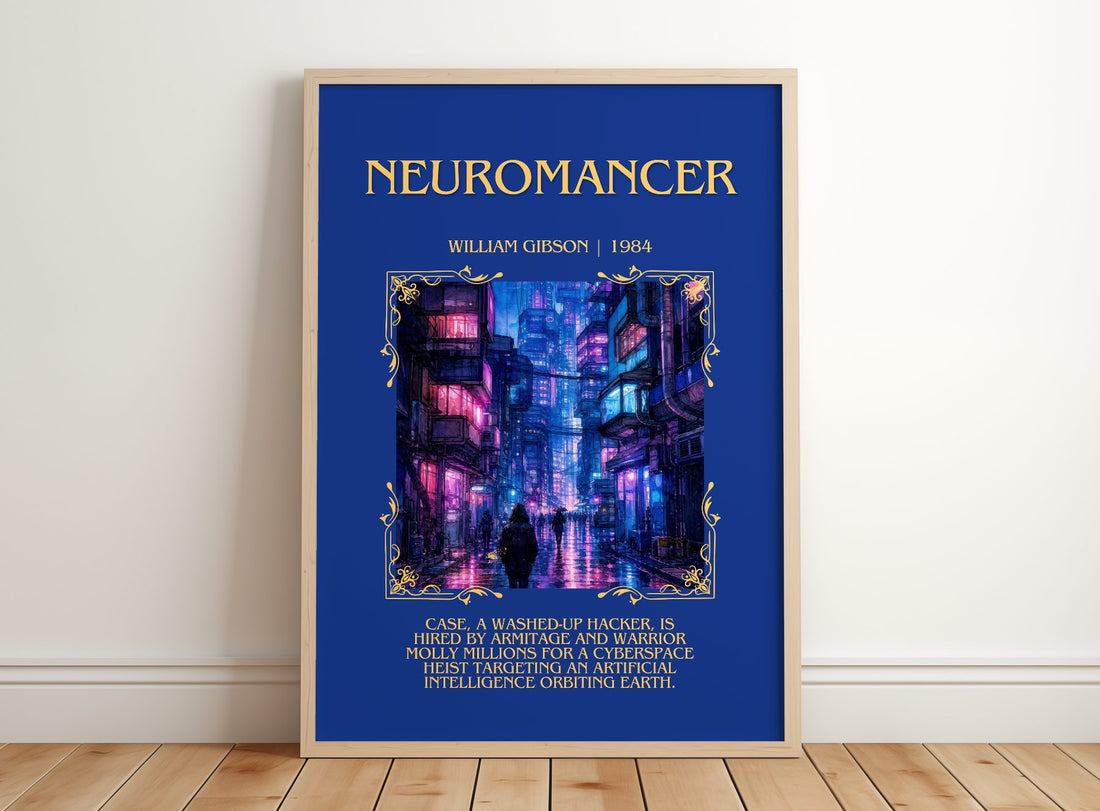 Neuromancer Minimalist Book Poster by William Gibson – framed print leaning on a wooden floor