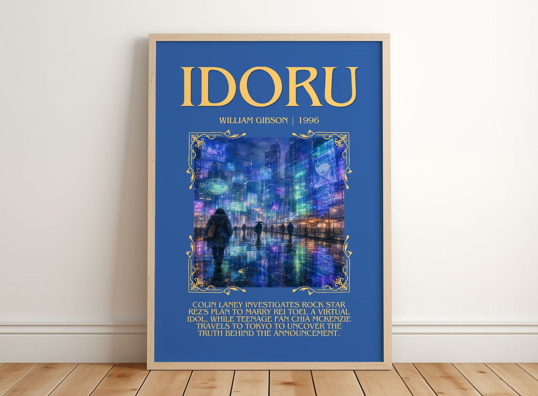 Idoru Minimalist Book Poster by William Gibson – framed print leaning on a wooden floor