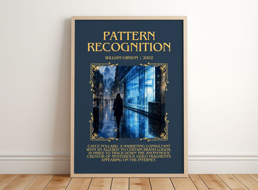 Pattern Recognition Minimalist Book Poster by William Gibson – framed print leaning on a wooden floor